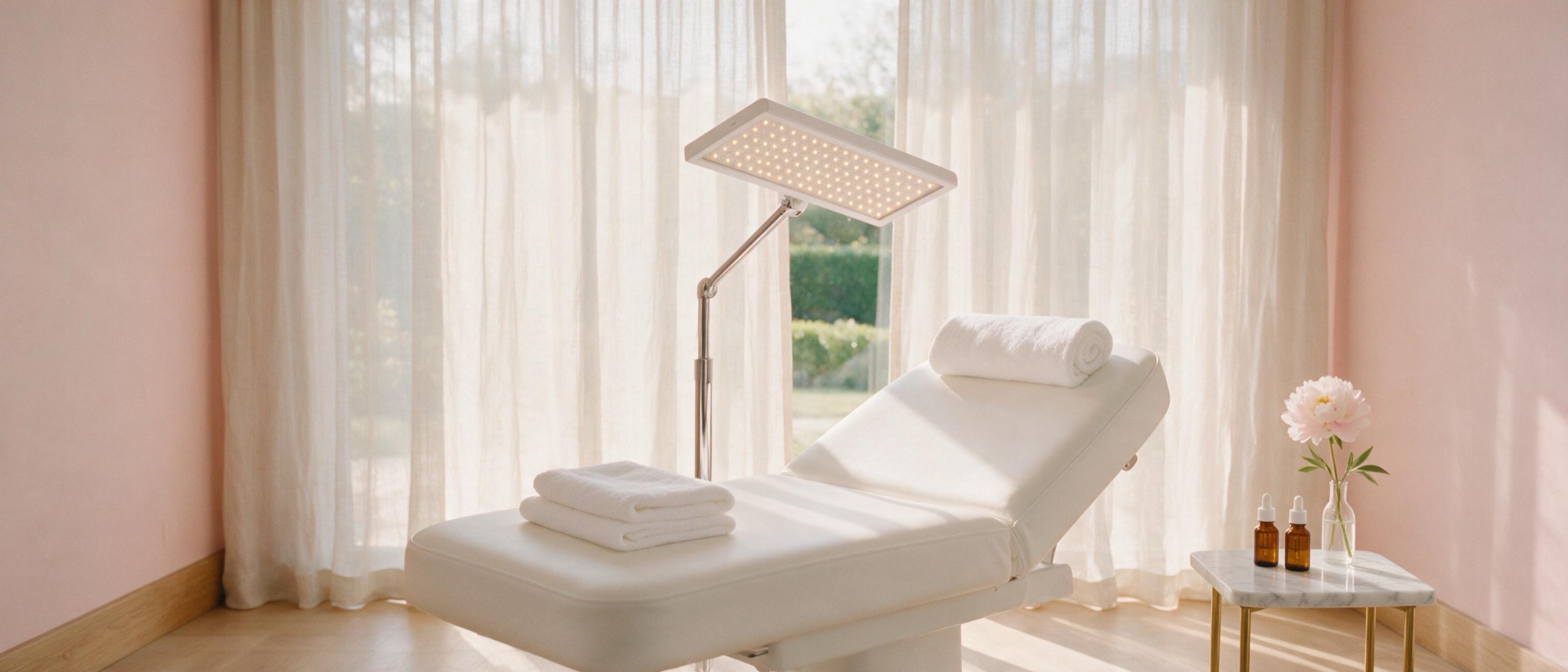 Sala de tratamientos de Siempre Bella: camilla blanca, toallas y lámpara LED junto a una ventana con luz natural.