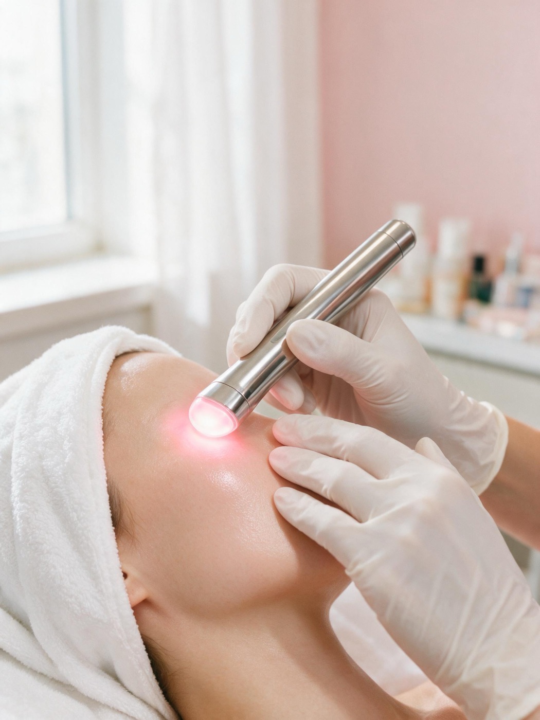 Sesión de tratamiento facial con aparatología: manos con guantes deslizando un cabezal de luz sobre la piel.
